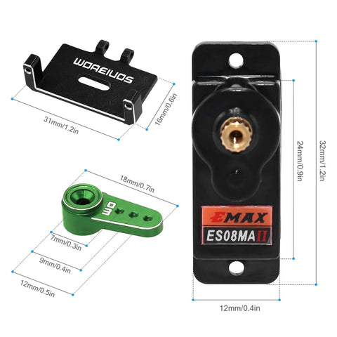 Emax ES08MAII 12g RC Servo with metal gear, black mount bracket, and green steering arm for Axial SCX24 upgrade kit.
