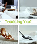 Image showing rug slipping with baby, cat, and vacuum, highlighting need for 12 Piece Rug Tape Non Slip Rug End Grippers.