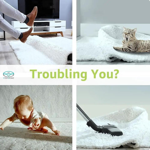 Image showing rug slipping with baby, cat, and vacuum, highlighting need for 12 Piece Rug Tape Non Slip Rug End Grippers.