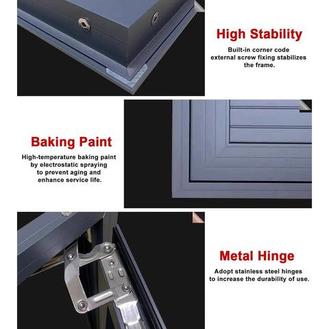 Details of Heavy Duty Lockable Recessed Aluminum Access Door Panel 20X32 Inches showing frame stability, baking paint, and metal hinge.