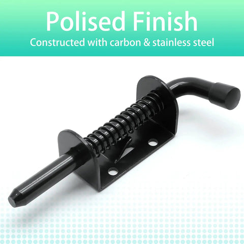 Rock Solid Spring Loaded Gate Latch Pin Pair Premium Stainless Steel Barrel Bolt Door Hardware, black finish and spring mechanism.
