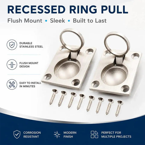 2 Pack Flush Ring Pulls For Boat Hatches And Marine Doors, Stainless Steel 316 Recessed Pull Handle with screws, shown in packaging.