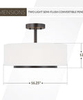 Nance Two Bronze Semi Flush Convertible Pendant Light For Wet Locations, side view, dimensions 16.25" x 12"
