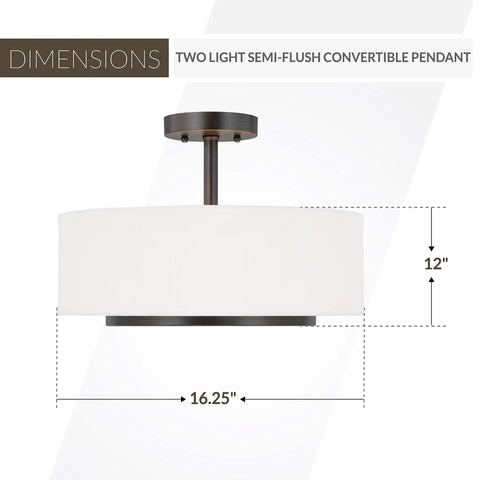 Nance Two Bronze Semi Flush Convertible Pendant Light For Wet Locations, side view, dimensions 16.25" x 12"