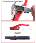 Heavy Duty 300A Copper Welding Electrode Holder With PVC Rubber Insulation Handle For Pros Who Dig Super Conductivity And Stable Heat Performance Without The Suck measuring with caliper and detailed view of its components.