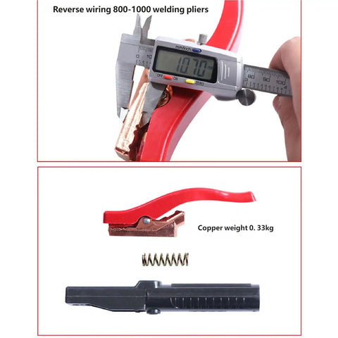 Heavy Duty 300A Copper Welding Electrode Holder With PVC Rubber Insulation Handle For Pros Who Dig Super Conductivity And Stable Heat Performance Without The Suck measuring with caliper and detailed view of its components.
