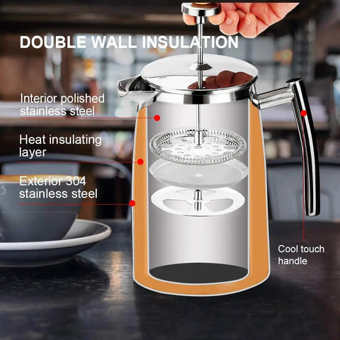 Diagram showing 1.5 Liter 304 Stainless Steel French Press Coffee Maker Built To Last With Insulated Double Wall And Extra Screen