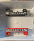2 Pack Power Distribution Block 4 Inch Bus Bar 150 Amp 12 Volt System in a box, featuring black and red nickel plated brass bars.