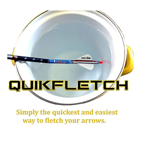 Quikfletch Hellfire Stabilizing Fletching 2 Inch Vanes White and Yellow in bowl, showing quick fletching of arrow