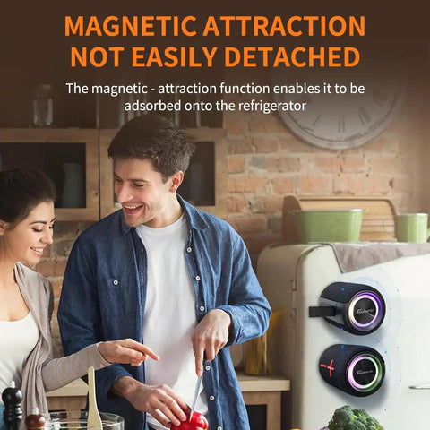 Couple in kitchen with 2 In 1 Magnetic Dual Splittable Bluetooth Speaker With IPX6 Waterproof Build And 20W Loud Stereo Sound on fridge.