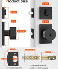 Diagram showing Matte Black Exterior Door Lock Set With Deadbolt, Built To Last, Front Door Knob dimensions and components.