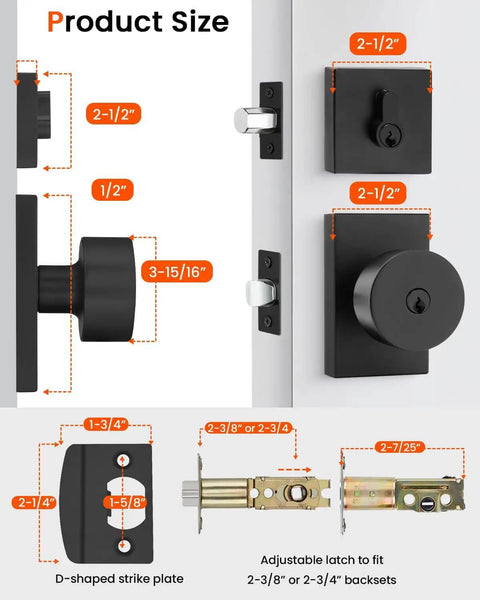 Diagram showing Matte Black Exterior Door Lock Set With Deadbolt, Built To Last, Front Door Knob dimensions and components.