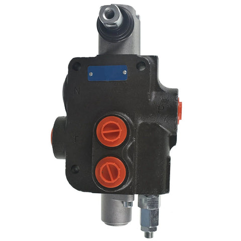 Hydraulic directional control valve with 1 spool, black cast body, orange SAE port caps and blue plate