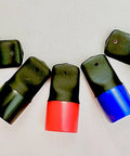 Various colored scuba tank valve caps showcasing ergonomic scuba tank valve cap set two pack with pull tab, textured grip, no slip.