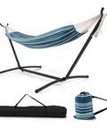 Two Person Outdoor Hammock With Adjustable Metal Stand For Patio Or Garden, space saving portable Brazilian style, blue