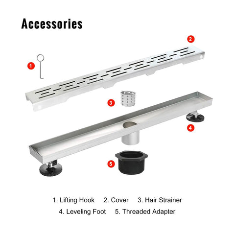24 Inch Brushed 304 Stainless Steel Linear Shower Drain With Removable Grate High Flow 60 Liters Per Minute 2 Inch Outlet Hair Strainer Accessories