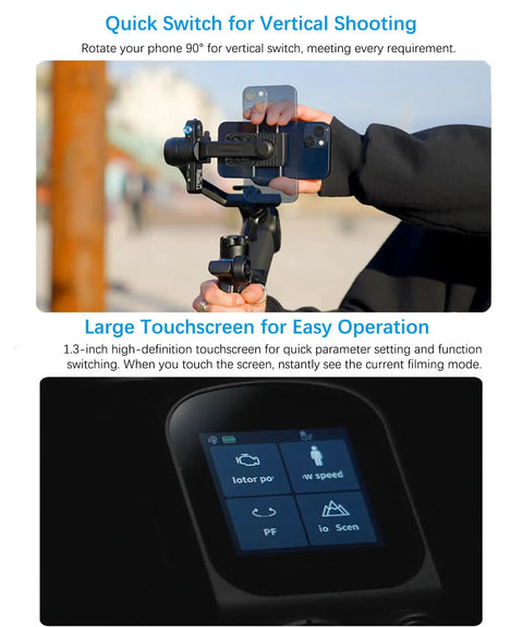 Pro Level Smartphone Gimbal With 3-Axis Stabilization held vertically with touch screen interface displayed