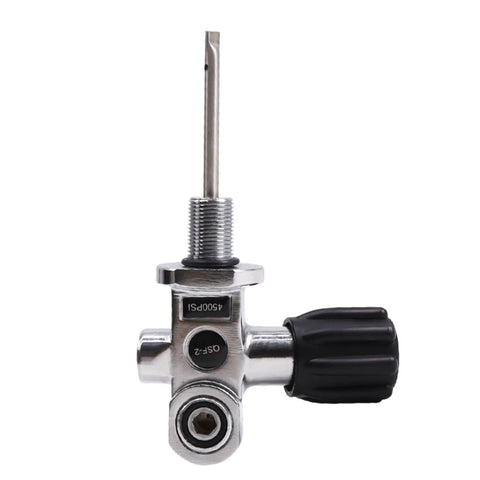 Side view of 4500 Psi 300 Bar Scuba Diving Cylinder Valve DIN Yoke M18x1.5 Thread Copper Tank Valve with black knob