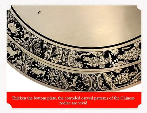 Detail of the Chinese zodiac pattern on a thickened brass plate, featuring vivid carvings and intricate designs.