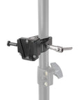 Super Crab Clamp With Universal V Lock Quick Release Adapter For DSLR Battery Setup, mounted on stand.