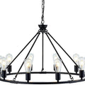 Black Farmhouse Wagon Wheel Chandelier With 10 Lights 31.5 Inch Old School Vintage Industrial Matte Black Hanging Fixture