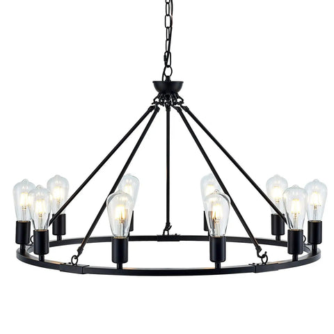 Black Farmhouse Wagon Wheel Chandelier With 10 Lights 31.5 Inch Old School Vintage Industrial Matte Black Hanging Fixture