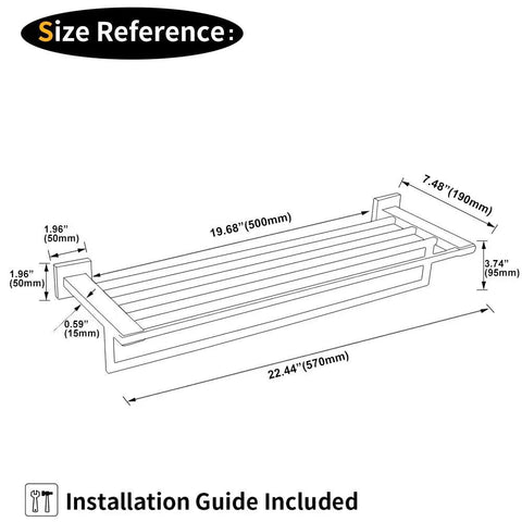 Dimension diagram of 24 Inch Stainless Steel Bathroom Towel Rack And Shelf Wall Mount With Towel Bars All Metal SUS 304 Brushed Finish Built To Last Heavy Duty Storage For Towels And Clothes.
