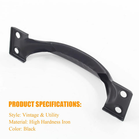 Close-up of a vintage 4-inch black iron barn door pull, part of a 4 Pack Vintage 4 Inch Barn Door Pulls And Cabinet Handles Set Screw In Drawer Pulls Black Durable Metal Hardware For Kitchen Cabinets Dressers Cupboards Wardrobes Garage Doors Fences And Outdoor Furniture set, showcasing the screw holes and curved grip design.