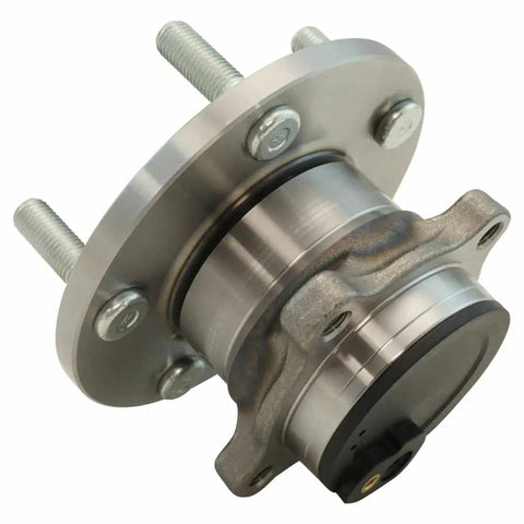 Close-up of a rear wheel bearing and hub assembly pair set for left and right wheels with ABS fitment, metal construction.