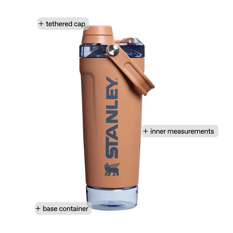 No Sweat Leakproof 20 Oz Hot Pink Shaker Bottle With Secure Hinge Lid And Fast Flow Spout Portable Tritan Protein Cup side view showcasing tethered cap and base container.