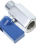 Quarter Inch Solid Brass Mini Ball Valve With Npt Thread Shut Off Handle No Fuss Slick Design For Tight Spots And Heavy Duty Pneumatic Flow Control Built Tough To Handle Rough Work, blue handle, chrome finish, close-up view.