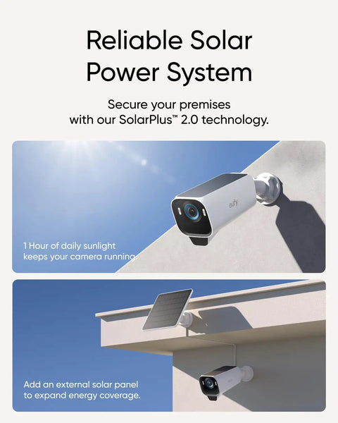 Top Tier Solar Outdoor Security Camera With 4K MaxColor Night Vision mounted on wall with Wireless Solar Panel for S3 Pro System.