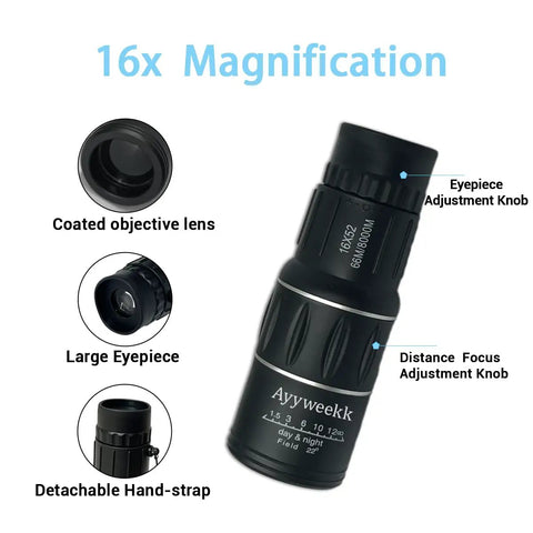16X52 Monocular Telescope High Power HD With Dual Focus System showing eyepiece, coated objective lens, and adjustment knobs