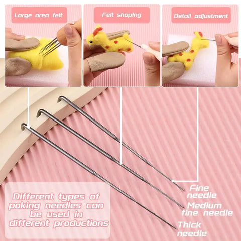 Needle Felting Kit With Three Size Sets Of 30 Needles Each Wooden Handle Tool Finger Cots And Essential Felting Supplies Showing Needle Types