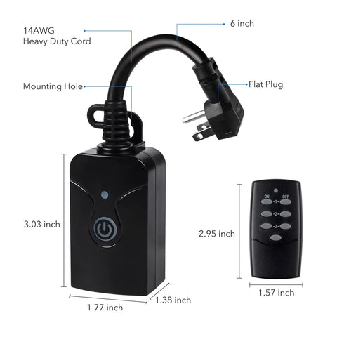 Weatherproof Wireless Plug And Play Remote Control Outlet Kit With 3 Prong Outlets Heavy Duty 15 Amp Compact Remote 6 Inch Cord 100 Foot Range ETL Listed Includes Battery Indoor Outdoor Use