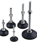 Heavy Duty Adjustable Leveling Feet With Swivel Base And Thread Design To Lock Down Wobbly Furniture And Appliances Featuring Thick Rubber Trim With Super Grippy Non Slip Protection in various sizes.