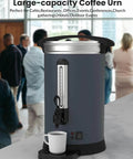 Sturdy 80-Cup Commercial Coffee Urn with 12-Liter or 3.2-Gallon Capacity, Stainless Steel Electric Maker on countertop at event.