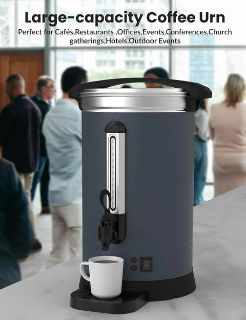 Sturdy 80-Cup Commercial Coffee Urn with 12-Liter or 3.2-Gallon Capacity, Stainless Steel Electric Maker on countertop at event.