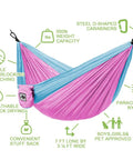 Pink and blue Kids Camping Hammock For Outdoor Fun Ultralight Gear with tree straps and carabiners, made of 210T parachute nylon