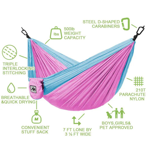 Pink and blue Kids Camping Hammock For Outdoor Fun Ultralight Gear with tree straps and carabiners, made of 210T parachute nylon