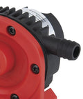 Close-up of Drill Powered Pump With Plastic Casing, 1300 Liters Per Hour, Self Priming For Fast Non Potable Water Transfer, black red unit