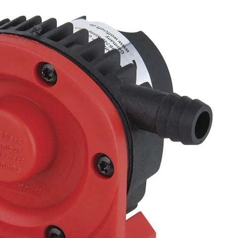Close-up of Drill Powered Pump With Plastic Casing, 1300 Liters Per Hour, Self Priming For Fast Non Potable Water Transfer, black red unit