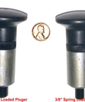 Two Pack Spring Loaded Pull Pin Kit With One Half Inch Diameter Plunger and 3/8 Inch Plunger next to a penny for scale.