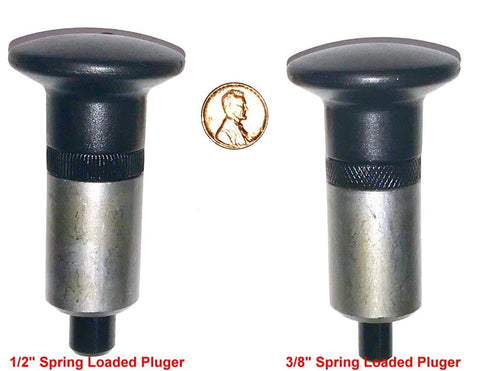 Two Pack Spring Loaded Pull Pin Kit With One Half Inch Diameter Plunger and 3/8 Inch Plunger next to a penny for scale.