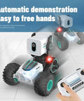 Close-up of Stunt RC Car With 720P HD FPV Camera and remote control, showcasing LED lights and screen.