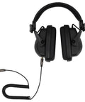 Black headphones with coiled cable and 3.5mm jack for use with Slick Ultrasonic Leak Detector With Laser Pointer For Dead Nuts Accurate Scans On Compressed Air Gas Steam And Vacuum Lines 40 KHz Frequency Handheld Acoustic Sensor Tool For Heavy Duty Commercial Jobs.