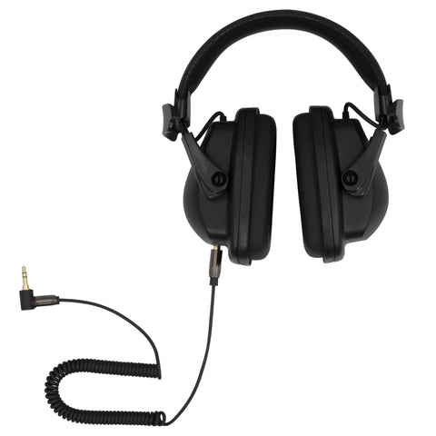 Black headphones with coiled cable and 3.5mm jack for use with Slick Ultrasonic Leak Detector With Laser Pointer For Dead Nuts Accurate Scans On Compressed Air Gas Steam And Vacuum Lines 40 KHz Frequency Handheld Acoustic Sensor Tool For Heavy Duty Commercial Jobs.