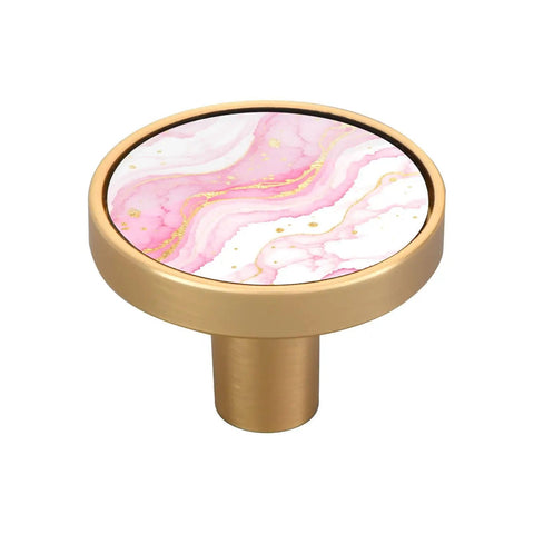 Pink Gilded Marble Cabinet Knobs Set Of 4, Round 1-1/4 Inch Dresser And Kitchen Cabinet Pulls showing gold and pink swirls