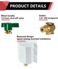 Preassembled Pex Ice Maker Outlet Box with 1/2 inch crimp inlet, 1/4 turn valve, recessed design installation, compression outlet.