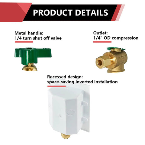 Ice Maker Outlet Box With One Half Inch Pex Expansion Inlet And One Quarter Inch OD Compression Outlet with valve details